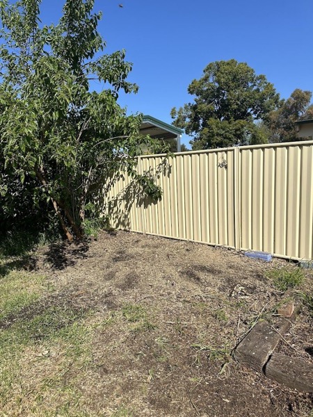 Two cleared patches of soil along a Colorbond fence line