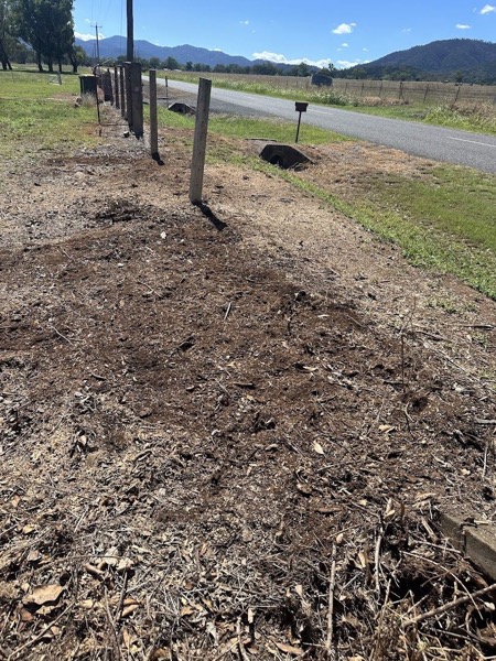 A strip of mulch along a fence line beside a lawn