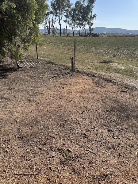 A cleared patch of ground beside a fence and a driveway